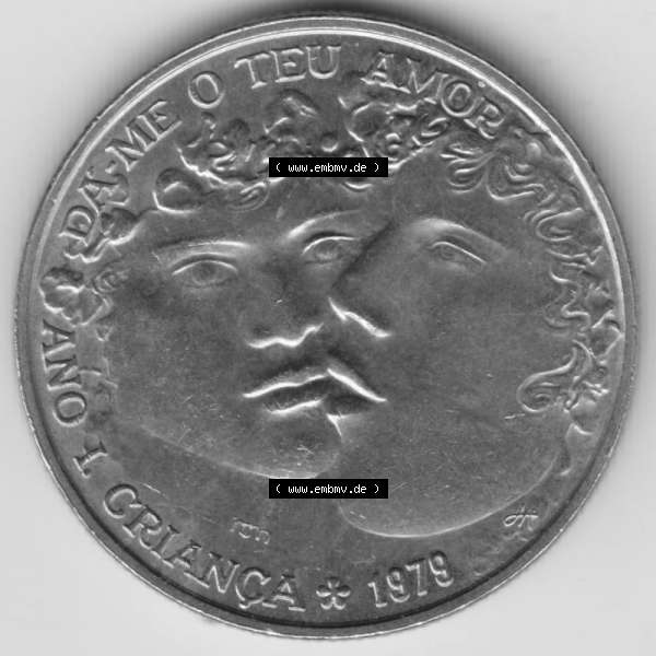 Grau bzw. s/w Münzen Portugal Gedenkmünze 1979-1979, 25 Escudos, Da me o teu Amor, Ano I Crianca, Internationales Jahr des Kindes. Rückseite der portugiesischen Gedenkmünze... Sammlung Graustufen
