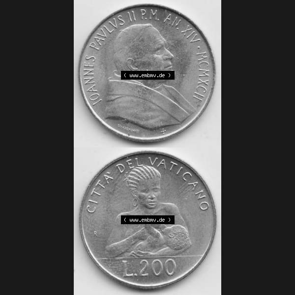 Grau bzw. s/w Münzen Vatikan / Vatikanstadt Umlaufmünze 1992-1992, 200 Lire Papst Giovanni Paolo II, Münzseiten Untereinander als Bildmaterial. Münze aus dem Vatikan der Vatikanstadt... Sammlung Graustufen