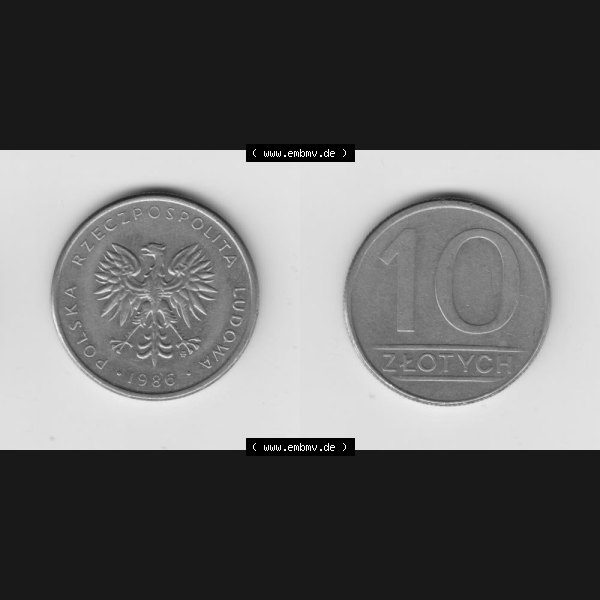 Grau bzw. s/w Münzen Polen Umlaufmünze 1984-1988, 10 Zlotych 1986, Bild mit Vollansicht als Bildmaterial Sammlung Graustufen