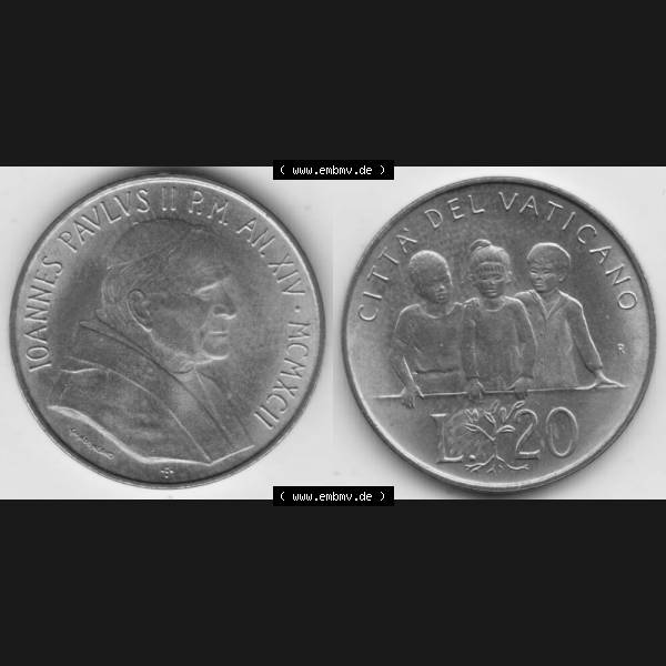 Grau bzw. s/w Münzen Vatikan / Vatikanstadt Umlaufmünze 1992-1992, 20 Lire Papst Giovanni Paolo II, Bild mit Vollansicht als Bildmaterial. Münze aus dem Vatikan der Vatikanstadt... Sammlung Graustufen
