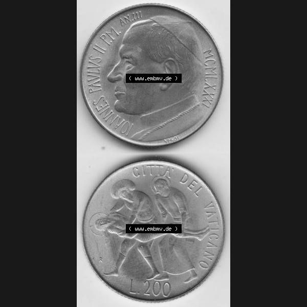 Grau bzw. s/w Münzen Vatikan / Vatikanstadt Umlaufmünze 1981-1981, 200 Lire Papst Johannes Paul II, Münzseiten Untereinander als Bildmaterial. Münze aus dem Vatikan der Vatikanstadt... Sammlung Graustufen