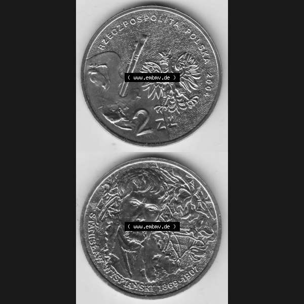 Grau bzw. s/w Münzen Polen Gedenkmünze 2004-2004, 2 Zloty, Polnische Maler - Stanislaw Wyspianski, Münzseiten Untereinander als Bildmaterial Sammlung Graustufen