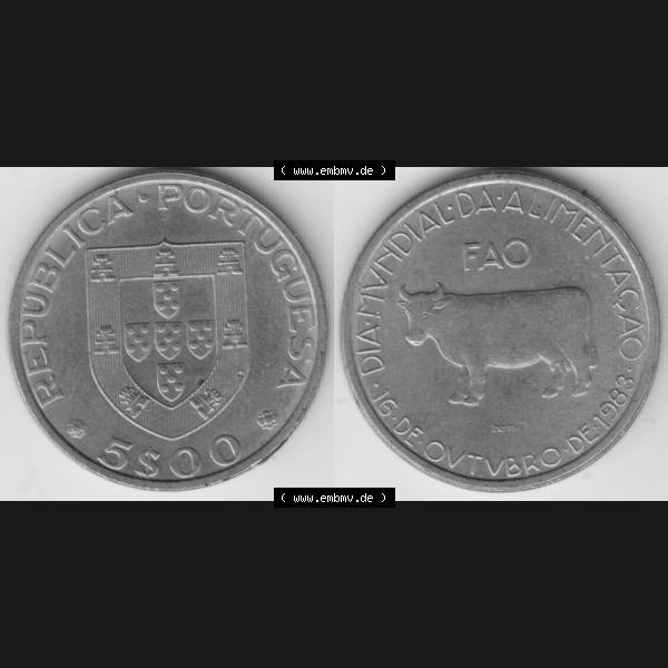 Grau bzw. s/w Münzen Portugal Gedenkmünze 1983-1983, 5 Escudos Da Mvndial Da Alimentacao, 16 De Ovtvbro De 1983. Vorderseite und Rückseite auf einen Bild/Foto der portugiesischen... Sammlung Graustufen