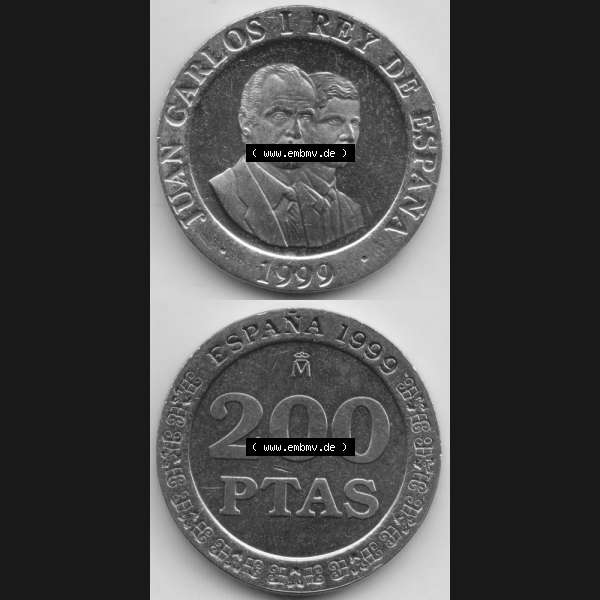 Grau bzw. s/w Münzen Spanien Umlaufmünze 1998-2000, 200 PTAS, Peseten 1999, Münze aus Spanien, Umlaufmünze / aus Zahlungsverkehr mit Münzseiten Vertikal / Untereinander... Sammlung Graustufen