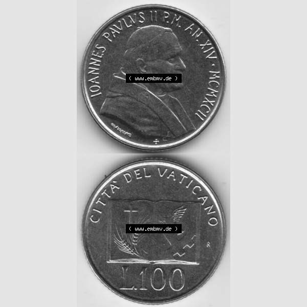 Grau bzw. s/w Münzen Vatikan / Vatikanstadt Umlaufmünze 1992-1992, 100 Lire Papst Giovanni Paolo II, Münzseiten Untereinander als Bildmaterial. Münze aus dem Vatikan der Vatikanstadt... Sammlung Graustufen