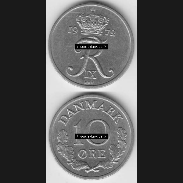 Grau bzw. s/w Münzen Dänemark Umlaufmünze 1972, 10 Öre. Vorderseite und Rückseite vertikal auf einen digitalen Bild der alten dänischen Umlaufmünze aus Dänemark zum... Sammlung Graustufen