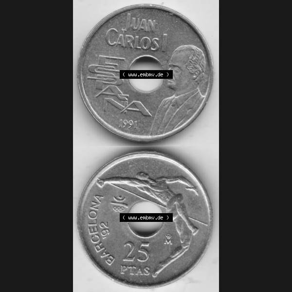 Grau bzw. s/w Münzen Spanien Umlaufmünze 1990-1991, 25 PTAS - Peseten 1991, Münze aus Spanien, Umlaufmünze / aus Zahlungsverkehr mit Münzseiten Vertikal / Untereinander... Sammlung Graustufen