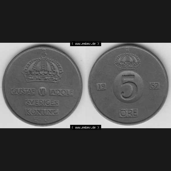 Grau bzw. s/w Münzen Schweden Umlaufmünze 1952-1971, 5 Öre 1957, Bild mit Vollansicht als Bildmaterial Sammlung Graustufen