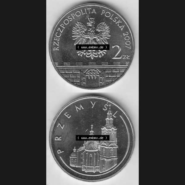 Grau bzw. s/w Münzen Polen Gedenkmünze 2007-2007, 2 Zloty, Historische Städte in Polen - Przemysl, Münzseiten Untereinander als Bildmaterial Sammlung Graustufen