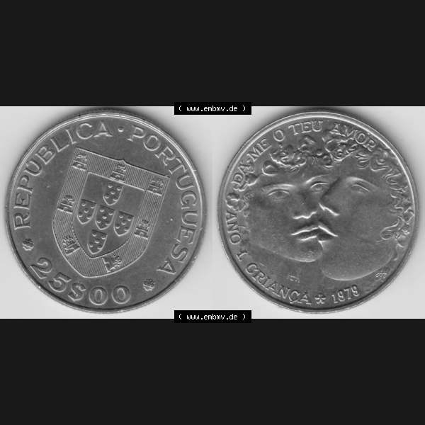 Grau bzw. s/w Münzen Portugal Gedenkmünze 1979-1979, 25 Escudos, Da me o teu Amor, Ano I Crianca, Internationales Jahr des Kindes. Vorderseite und Rückseite auf einen Bild/Foto... Sammlung Graustufen