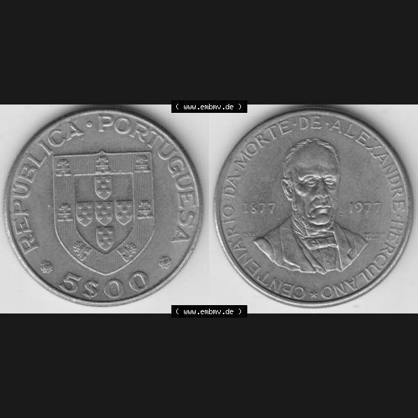 Grau bzw. s/w Münzen Portugal Gedenkmünze 1977-1977, 5 Escudo 1877-1977 Centenario Da Morte De Alexandre Herculano. Vorderseite und Rückseite auf einen Bild/Foto der portugiesischen Gedenkmünze... Sammlung Graustufen