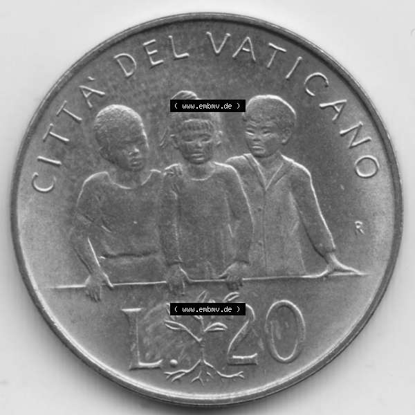 Grau bzw. s/w Münzen Vatikan / Vatikanstadt Umlaufmünze 1992-1992, 20 Lire Papst Giovanni Paolo II, Bild mit Rückseite der Münze als Bildmaterial. Münze aus dem Vatikan... Sammlung Graustufen