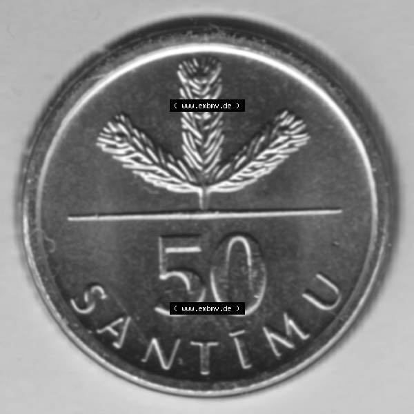Grau bzw. s/w Münzen Lettland Umlaufmünze 1992-2009, 50 Centimes 2007, Bild mit Rückseite der Münze als Bildmaterial Sammlung Graustufen