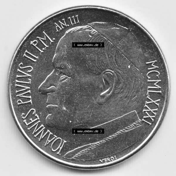 Grau bzw. s/w Münzen Vatikan / Vatikanstadt Umlaufmünze 1981-1981, 50 Lire Papst Johannes Paul II, Bild mit Vorderseite der Münze als Bildmaterial. Münze aus dem Vatikan der... Sammlung Graustufen