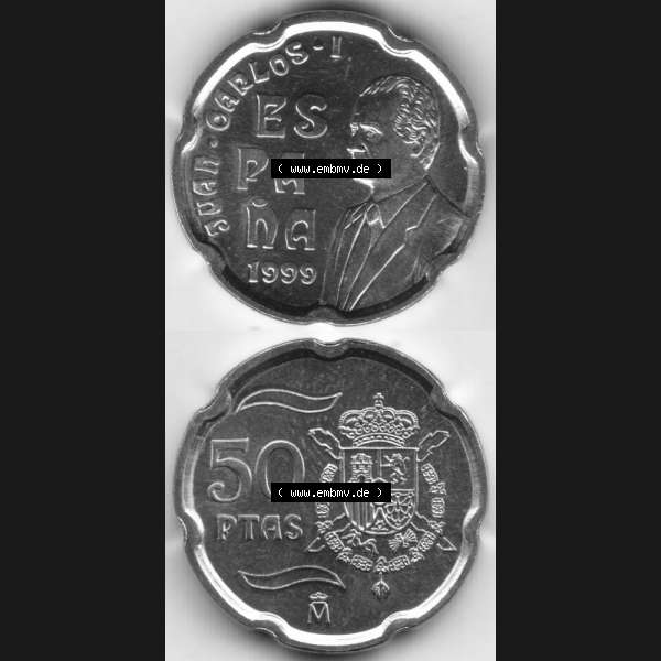 Grau bzw. s/w Münzen Spanien Umlaufmünze 1998-2000, 50 Ptas, Peseten 1999, Münze aus Spanien, Umlaufmünze / aus Zahlungsverkehr mit Münzseiten Vertikal / Untereinander... Sammlung Graustufen