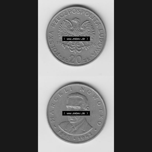 Grau bzw. s/w Münzen Polen Gedenkmünze 1974-1983, 20 Zlotych Marceli Nowotko 1976, Münzseiten Untereinander als Bildmaterial Sammlung Graustufen