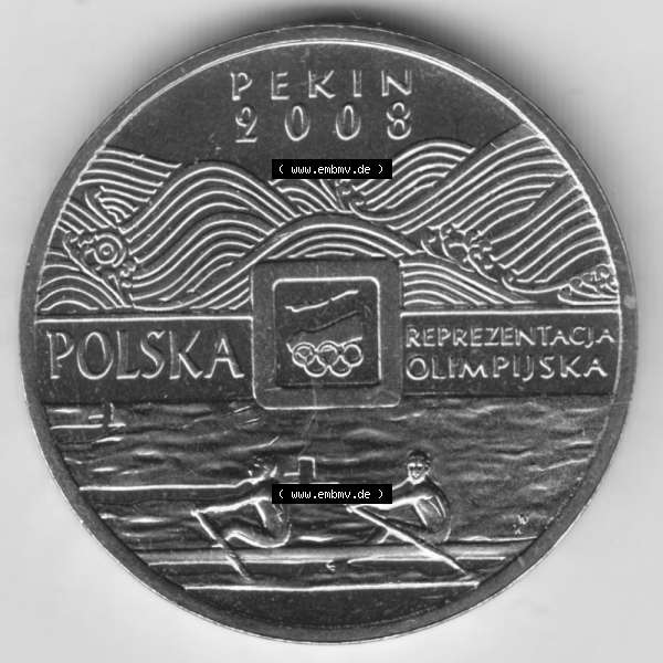 Grau bzw. s/w Münzen Polen Gedenkmünze 2008-2008, 2 Zloty, XXIX. Olympische Sommerspiele in Peking 2008, Bild mit Rückseite der Münze als Bildmaterial Sammlung Graustufen