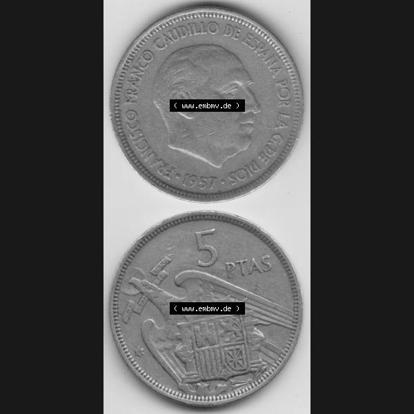 Grau bzw. s/w Münzen Spanien Umlaufmünze 1957, 1957-1975, 5 PTAS, Peseten 1958, Münze aus Spanien, Umlaufmünze / aus Zahlungsverkehr mit Münzseiten Vertikal... Sammlung Graustufen