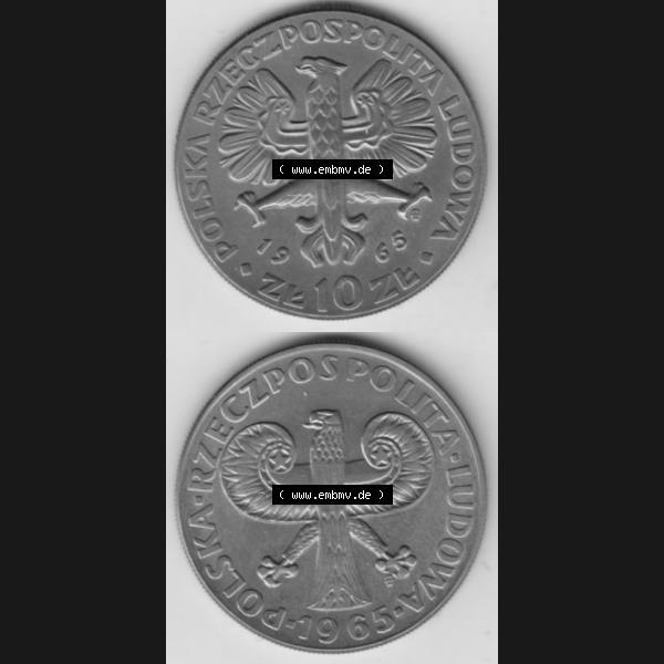 Grau bzw. s/w Münzen Polen Gedenkmünze 1965-1965, 10 Zloty 700 Jahre Warschau, Münzseiten Untereinander als Bildmaterial Sammlung Graustufen