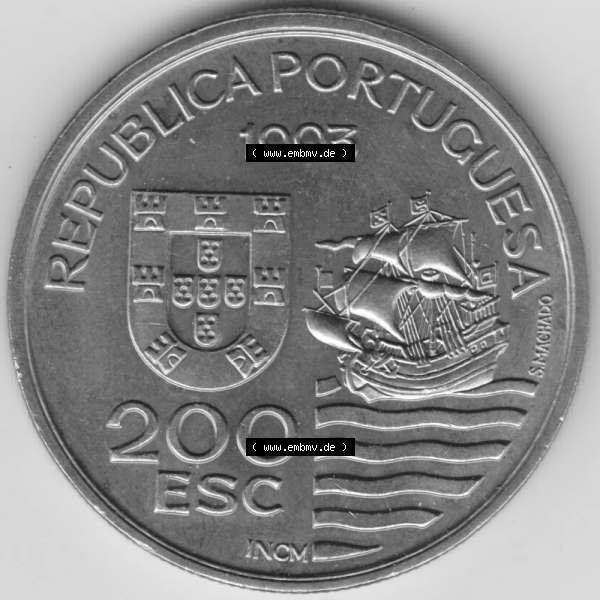 Grau bzw. s/w Münzen Portugal Gedenkmünze 1993-1993, 200 Escudos, Enviados Daimios Kiushu. Vorderseite der Gedenkmünze aus Portugal zum katalogisieren im Münzen-Katalog und der... Sammlung Graustufen