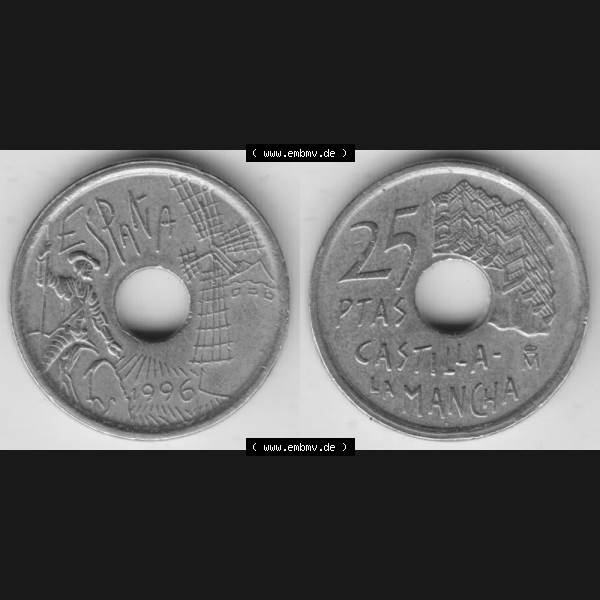 Grau bzw. s/w Münzen Spanien Umlaufmünze 1996-1996, 25 PTAS - Peseten 1996, Bild mit Vollansicht als Bildmaterial Sammlung Graustufen