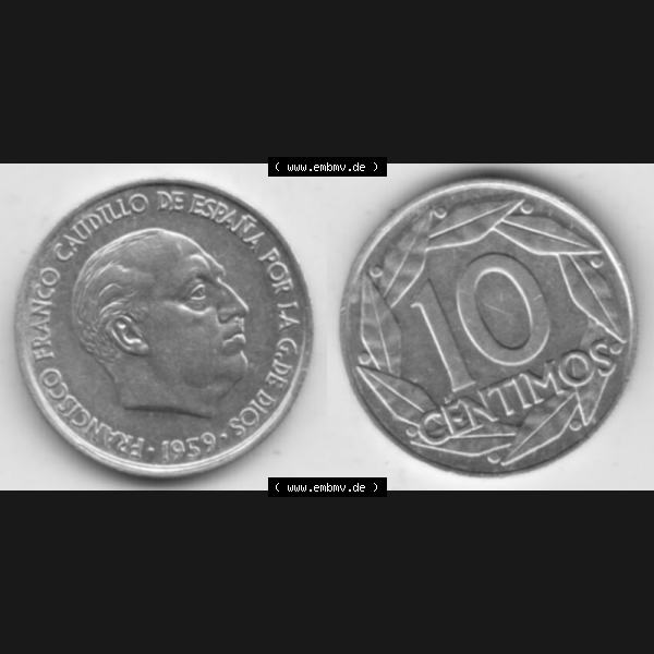 Grau bzw. s/w Münzen Spanien Umlaufmünze 1959-1959, 10 Centimos 1959, Bild mit Vollansicht als Bildmaterial Sammlung Graustufen