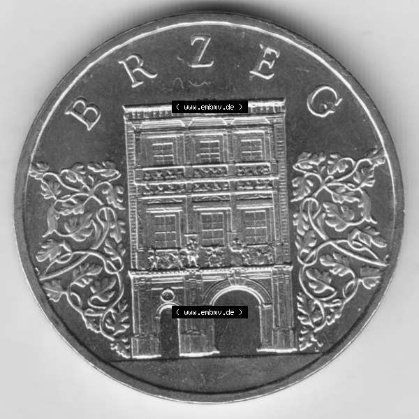 Grau bzw. s/w Münzen Polen Gedenkmünze 2007-2007, 2 Zloty, Historische Städte in Polen - Brzeg, Bild mit Rückseite der Münze als Bildmaterial Sammlung Graustufen