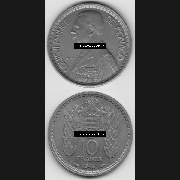 Grau bzw. s/w Münzen Monaco Umlaufmünze 1946-1946, 10 Fr, Francs, Franken, Louis II Prince de Monaco, Münzseiten Untereinander als Bildmaterial Sammlung Graustufen