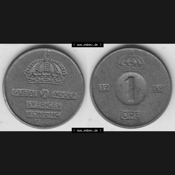 Grau bzw. s/w Münzen Schweden Umlaufmünze 1952-1971, 1 Öre 1959. Münzen aus Schweden als Bildmaterial für Sammler und Münzen-Webseiten hier im online Katalog und Datenbank... Sammlung Graustufen