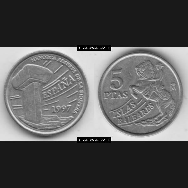 Grau bzw. s/w Münzen Spanien Umlaufmünze 1997-1997, 5 Peseten 1997, Bild mit Vollansicht als Bildmaterial Sammlung Graustufen