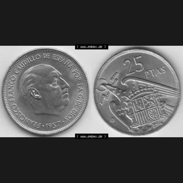 Grau bzw. s/w Münzen Spanien Umlaufmünze 1957-1957, 25 Peseten 1968, Bild mit Vollansicht als Bildmaterial Sammlung Graustufen