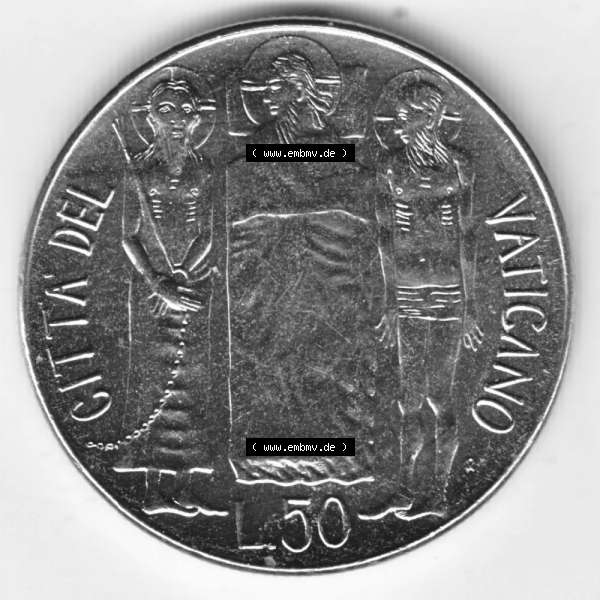 Grau bzw. s/w Münzen Vatikan / Vatikanstadt Umlaufmünze 1981-1981, 50 Lire Papst Johannes Paul II, Bild mit Rückseite der Münze als Bildmaterial. Münze aus dem Vatikan... Sammlung Graustufen