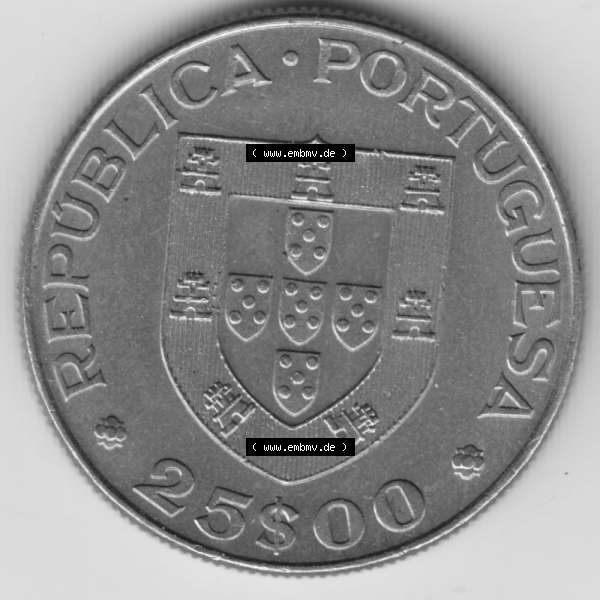 Grau bzw. s/w Münzen Portugal Gedenkmünze 1977-1977, 25 Escudo 1877-1977 Centenario Da Morte De Alexandre Herculano. Vorderseite der Gedenkmünze aus Portugal zum katalogisieren im Münzen-Katalog... Sammlung Graustufen