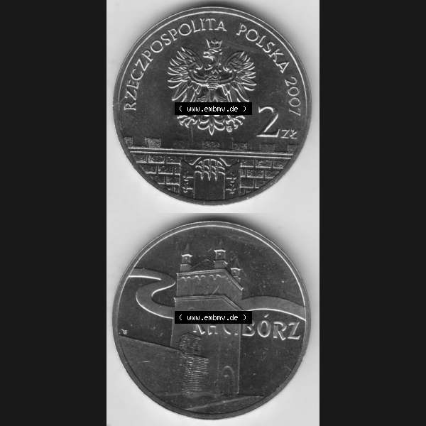 Grau bzw. s/w Münzen Polen Gedenkmünze 2007-2007, 2 Zloty, Historische Städte in Polen - Ratibor, Münzseiten Untereinander als Bildmaterial Sammlung Graustufen