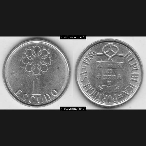Grau bzw. s/w Münzen Portugal Umlaufmünze 1986-2001, 1 Escudo 1986. Vorderseite und Rückseite auf einen Bild/Foto der portugiesischen Umlaufmünze aus Portugal vor der Euro-Einführung... Sammlung Graustufen