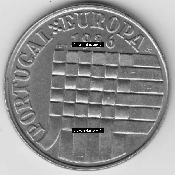 Grau bzw. s/w Münzen Portugal Gedenkmünze 1986-1986, 25 Escudos Portugal-Europa 1986. Rückseite der portugiesischen Gedenkmünze aus Portugal vor der Euro-Einführung in Portugal... Sammlung Graustufen