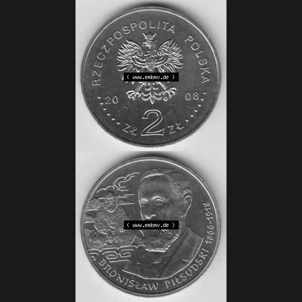 Grau bzw. s/w Münzen Polen Gedenkmünze 2008-2008, 2 Zloty, Polnische Reisende und Entdecker - Bronisław Piotr Piłsudski (1866-1918), Münzseiten Untereinander... Sammlung Graustufen