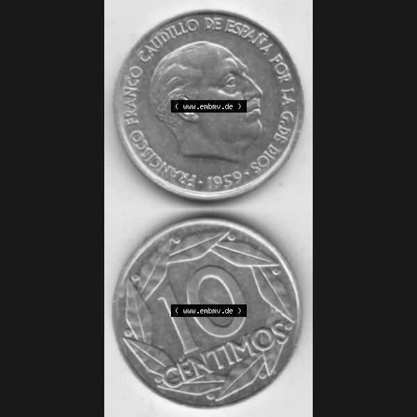 Grau bzw. s/w Münzen Spanien Umlaufmünze 1959-1959, 10 Centimos 1959, Münze aus Spanien, Umlaufmünze / aus Zahlungsverkehr mit Münzseiten Vertikal / Untereinander auf... Sammlung Graustufen