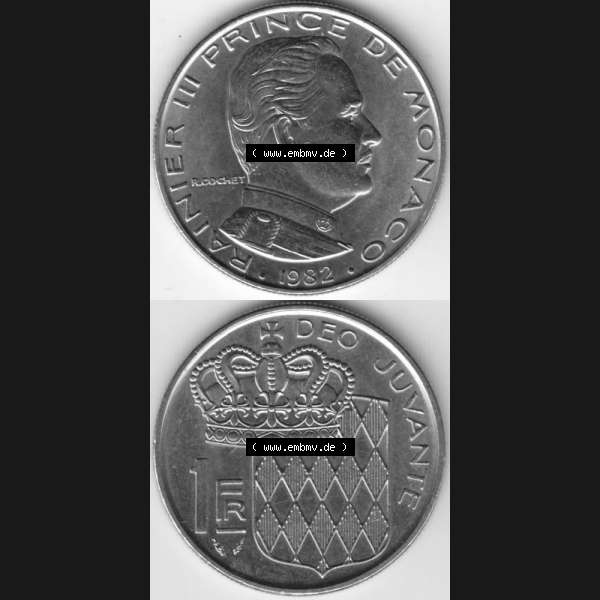 Grau bzw. s/w Münzen Monaco Umlaufmünze 1960-1995, 1 Fr, Franc, Franken Rainier III Prince de Monaco I. 1982, Münzseiten Untereinander als Bildmaterial Sammlung Graustufen
