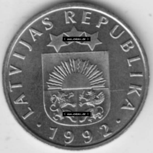 Grau bzw. s/w Münzen Lettland Umlaufmünze 1992-2009, 5 Santimi 1992, Bild mit Vorderseite der Münze als Bildmaterial Sammlung Graustufen