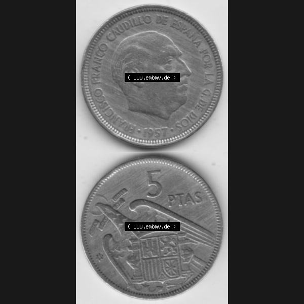 Grau bzw. s/w Münzen Spanien Umlaufmünze 1957-1957, 5 Peseten 19xx, Münze aus Spanien, Umlaufmünze / aus Zahlungsverkehr mit Münzseiten Vertikal / Untereinander auf... Sammlung Graustufen
