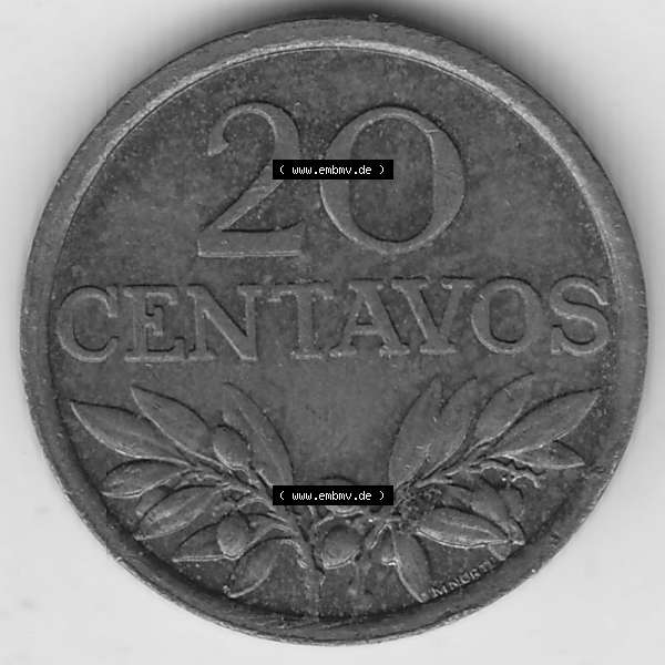 Grau bzw. s/w Münzen Portugal Umlaufmünze 1969-1974, 20 Centavos 1974. Vorderseite der Escudo Umlaufmünze aus Portugal vor EInführung der Euromünzen in Portugal zum katalogisieren... Sammlung Graustufen