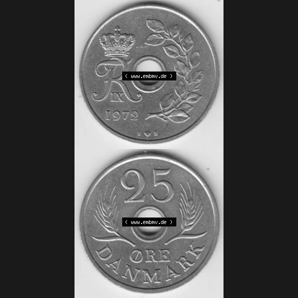 Grau bzw. s/w Münzen Dänemark Umlaufmünze 1972, 25 Öre. Vorderseite und Rückseite vertikal auf einen digitalen Bild der alten dänischen Umlaufmünze aus Dänemark zum... Sammlung Graustufen