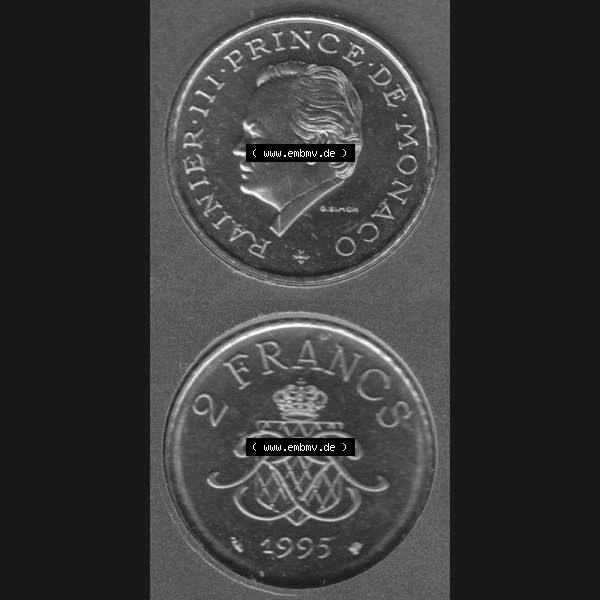 Grau bzw. s/w Münzen Monaco Umlaufmünze 1995-1995, 2 Francs 1995, Münzseiten Untereinander als Bildmaterial Sammlung Graustufen