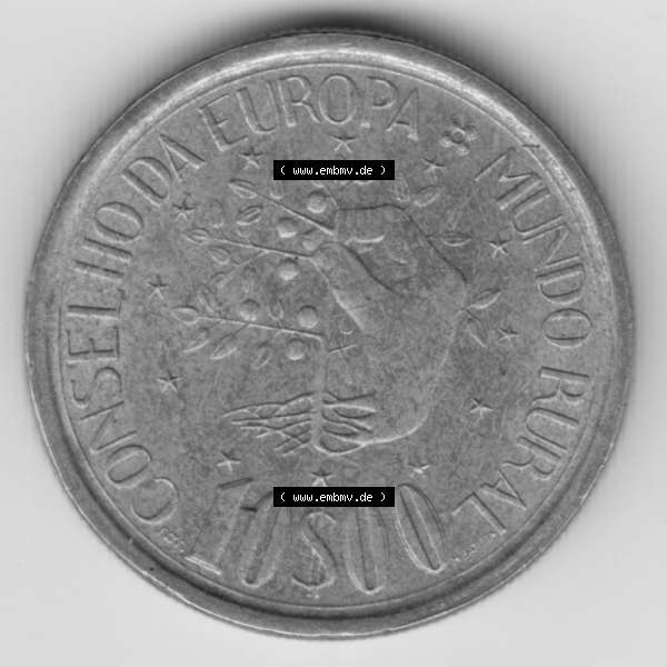 Grau bzw. s/w Münzen Portugal Gedenkmünze 1987-1987, 10 Escudo, Conseliio Da Europa, Mundo Rural. Rückseite der portugiesischen Gedenkmünze aus Portugal vor der Euro-Einführung... Sammlung Graustufen