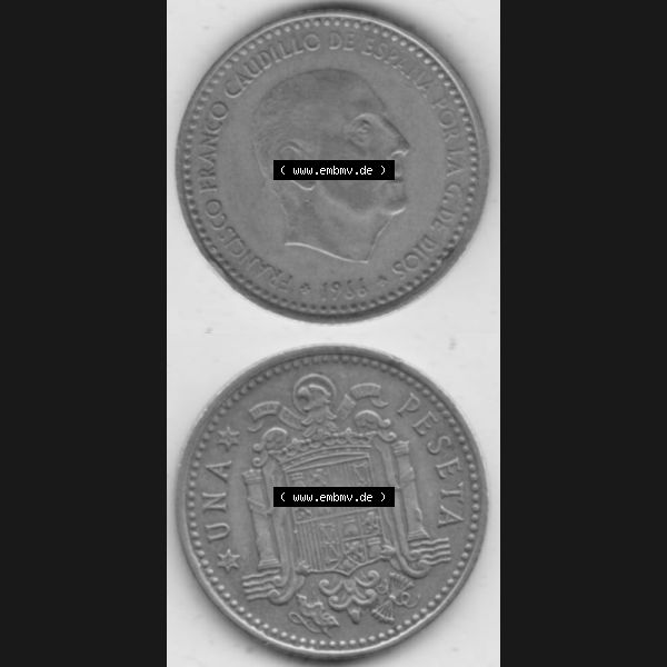 Grau bzw. s/w Münzen Spanien Umlaufmünze 1966-1966, 1 Pesete, Münze aus Spanien, Umlaufmünze / aus Zahlungsverkehr mit Münzseiten Vertikal / Untereinander auf einen... Sammlung Graustufen