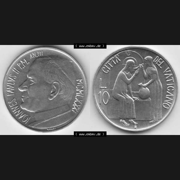 Grau bzw. s/w Münzen Vatikan / Vatikanstadt Umlaufmünze 1981-1981, 10 Lire Papst Johannes Paul II, Bild mit Vollansicht als Bildmaterial. Münze aus dem Vatikan der Vatikanstadt... Sammlung Graustufen
