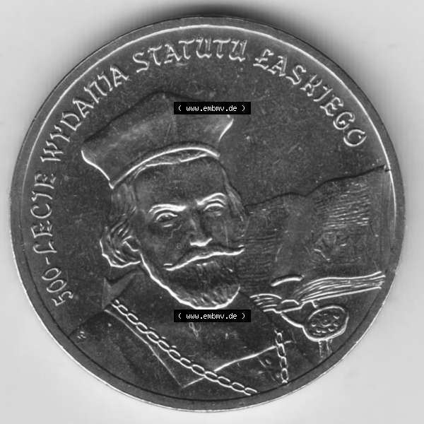 Grau bzw. s/w Münzen Polen Gedenkmünze 2006-2006, 2 Zloty, 500. Jahrestag - Proklamation des Statuts von Jan Laski, Bild mit Rückseite der Münze als Bildmaterial Sammlung Graustufen