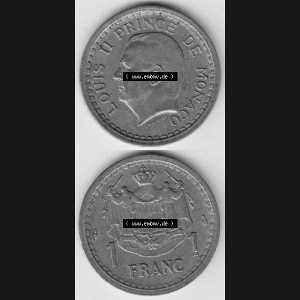 Grau bzw. s/w Münzen Monaco Umlaufmünze 1945-1945, 1 Fr, Franc, Franken, Louis II Prince de Monaco, Münzseiten Untereinander als Bildmaterial Sammlung Graustufen