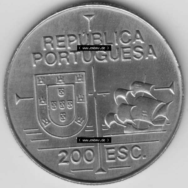 Grau bzw. s/w Münzen Portugal Gedenkmünze 1992-1992, 200 Escudos, California 1542-1992, Joao Rodrigues Cabrilho. Vorderseite der Gedenkmünze aus Portugal zum katalogisieren im... Sammlung Graustufen